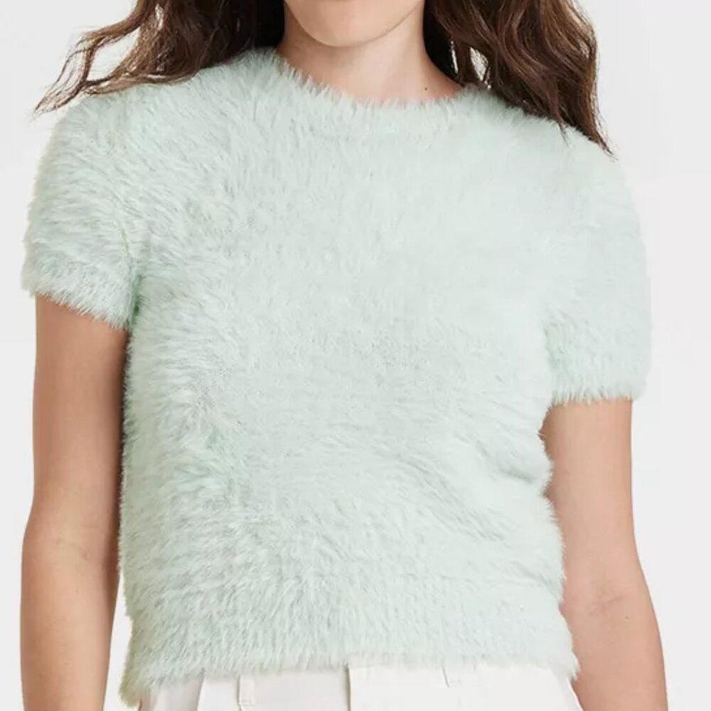 NWT, SZ L, Short Sleeve Teddy Sweater Top, Green